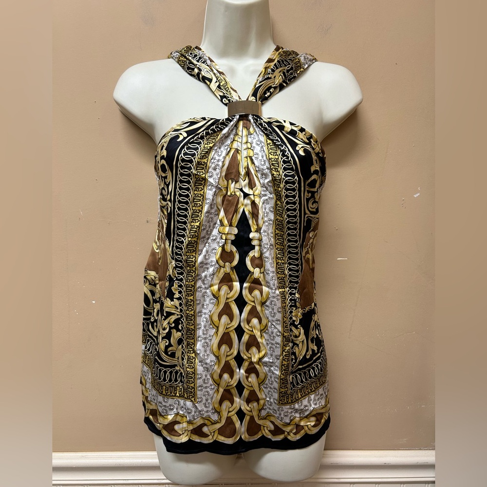 Cache Top Chain  Scarf Print Sleeveless Equestrian Blouse Size M Silk Blend Y2K